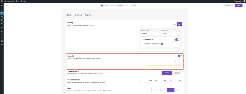 Course Capacity and Visibility Settings
