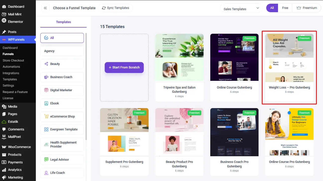 template.png
Selecting the Weight Loss Pro Gutenberg template in the WPFunnels template library.
