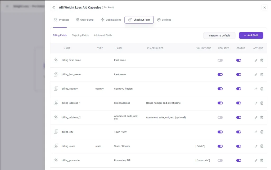 7. WpFunnels checkout fields