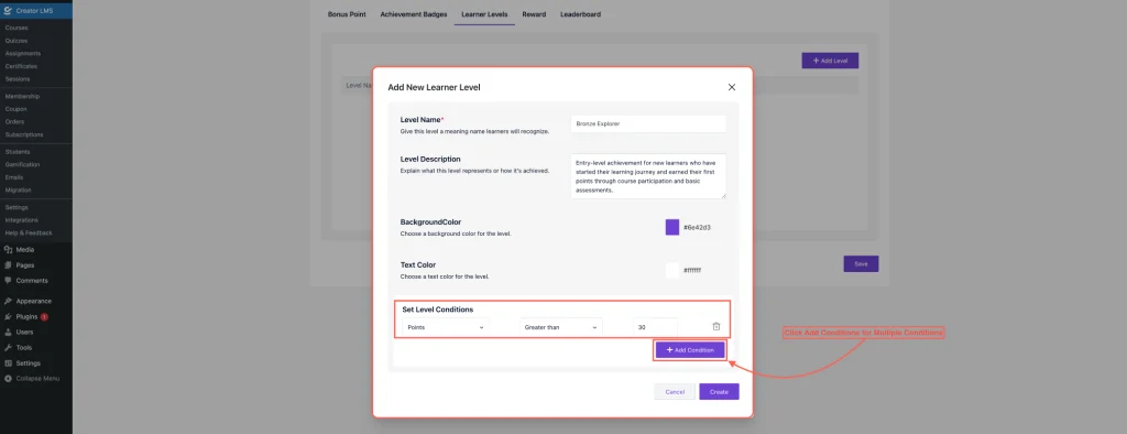 Set Level Conditions and Save Changes