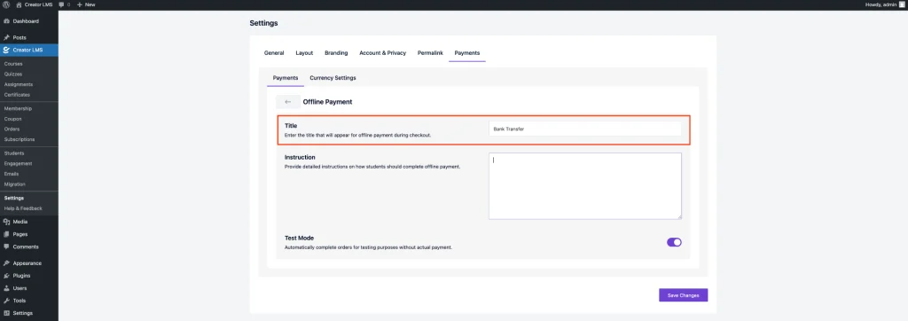 Bank Transfer Creator LMS 