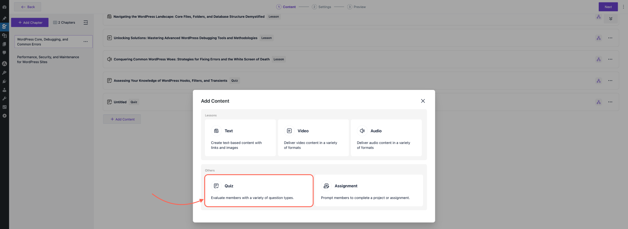 How to Create a Quiz in Creator LMS 4 Choose Quizas a Content
