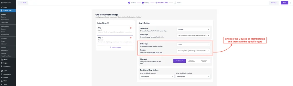 How to Assign an Upsell/Downsell Course in Creator LMS 9 Choose the offer Type and Course