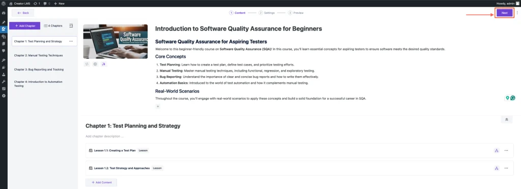 How to Create a Course Outline Using "Generate Outline with AI" in Creator LMS 13 Click Next to Set Other Settings