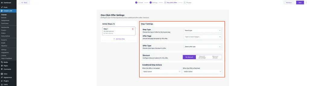 How to Assign an Upsell/Downsell Course in Creator LMS 7 Configure the Steps