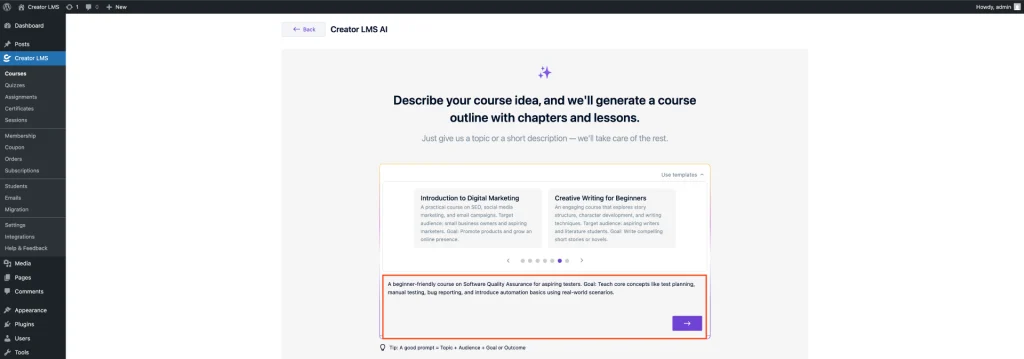How to Create a Course Outline Using "Generate Outline with AI" in Creator LMS 7 Custom Course Prompt