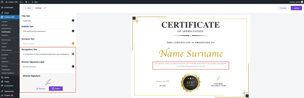 How to Design the Certificate in Creator LMS 5 Edit Recognition Text