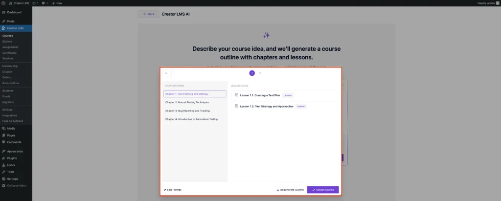 How to Create a Course Outline Using "Generate Outline with AI" in Creator LMS 8 Custom Course Prompt