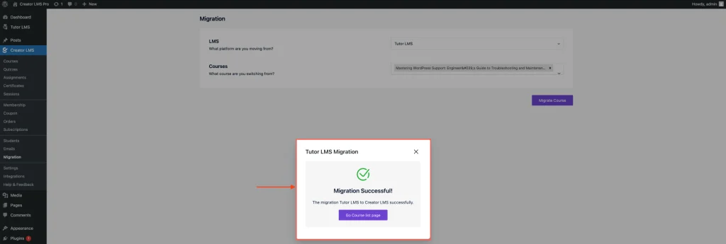 Select the Migration Course 