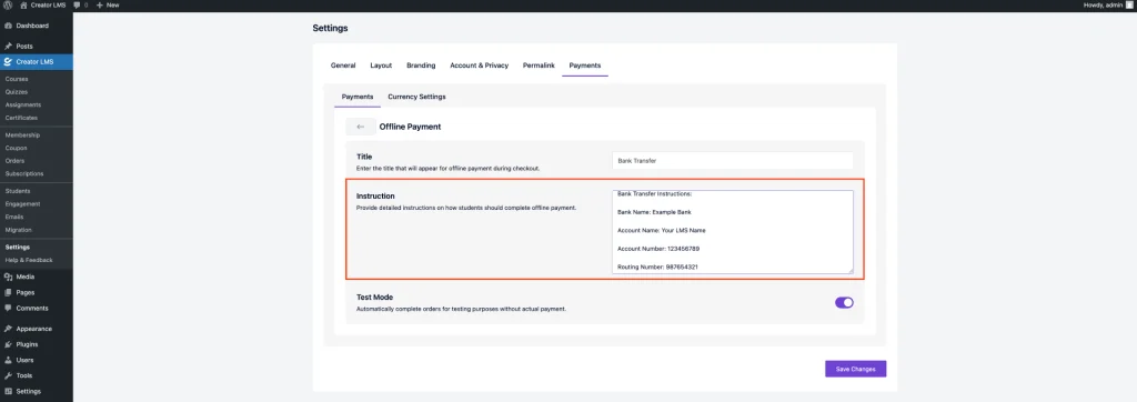 Bank Transfer Creator LMS 