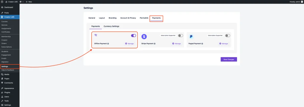 Offline Payment Settings 