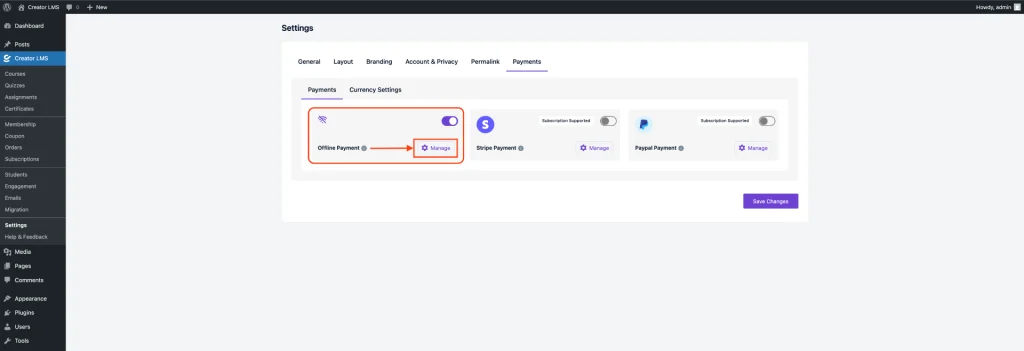 Offline Payment Settings Manage 