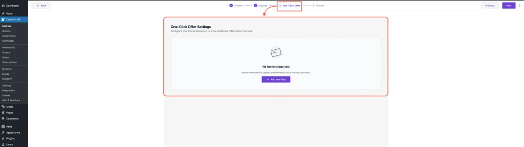 How to Enable Upsell or Downsell Offers in Creator LMS 6 One Click Offer Dashboard