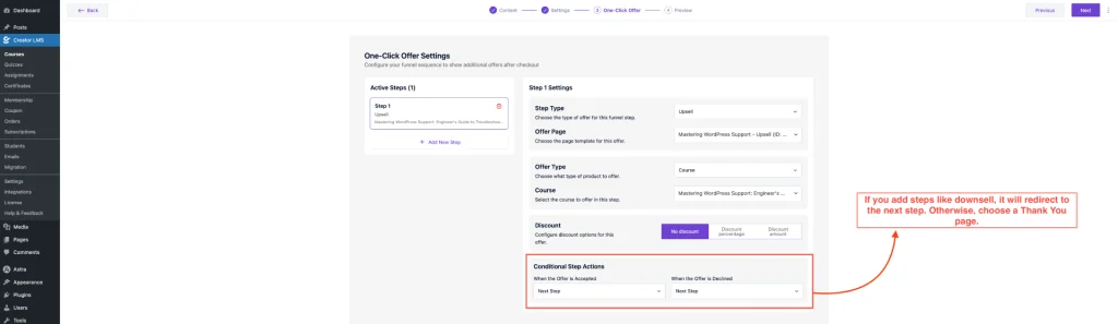 How to Assign an Upsell/Downsell Course in Creator LMS 10 Redirect to Next Step
