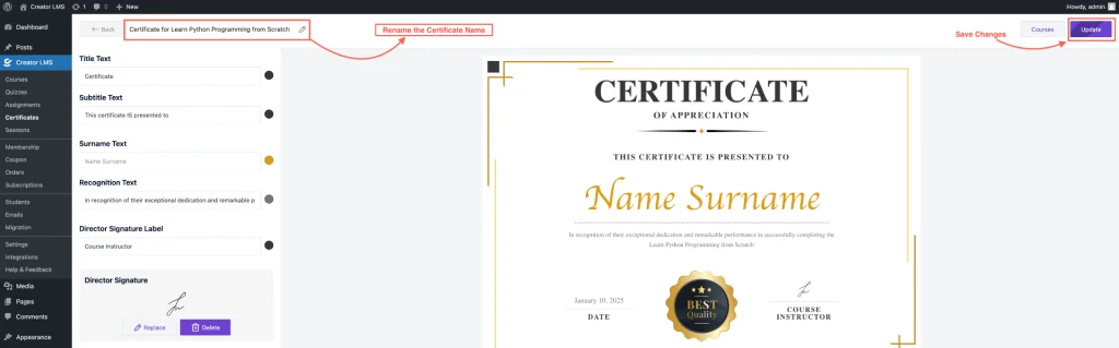 How to Design the Certificate in Creator LMS 6 Edit Recognition Text