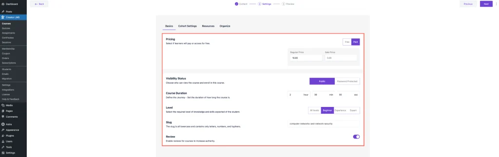 Set Basics Course Settings 