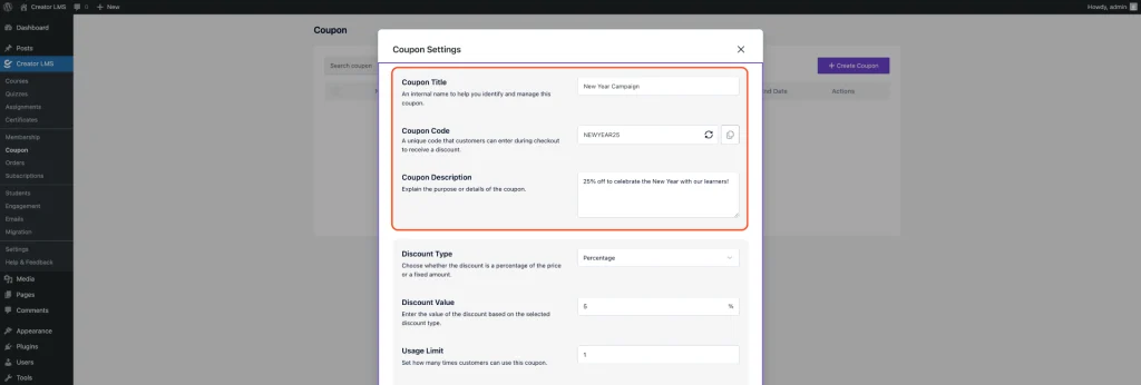 Create a New Coupon