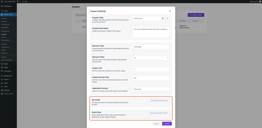 Set the Coupon Start and Expire Date