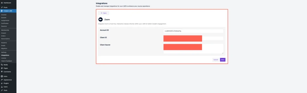 Set the Zoom Account and Client ID