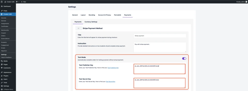 Stripe Enable in Creator LMS 