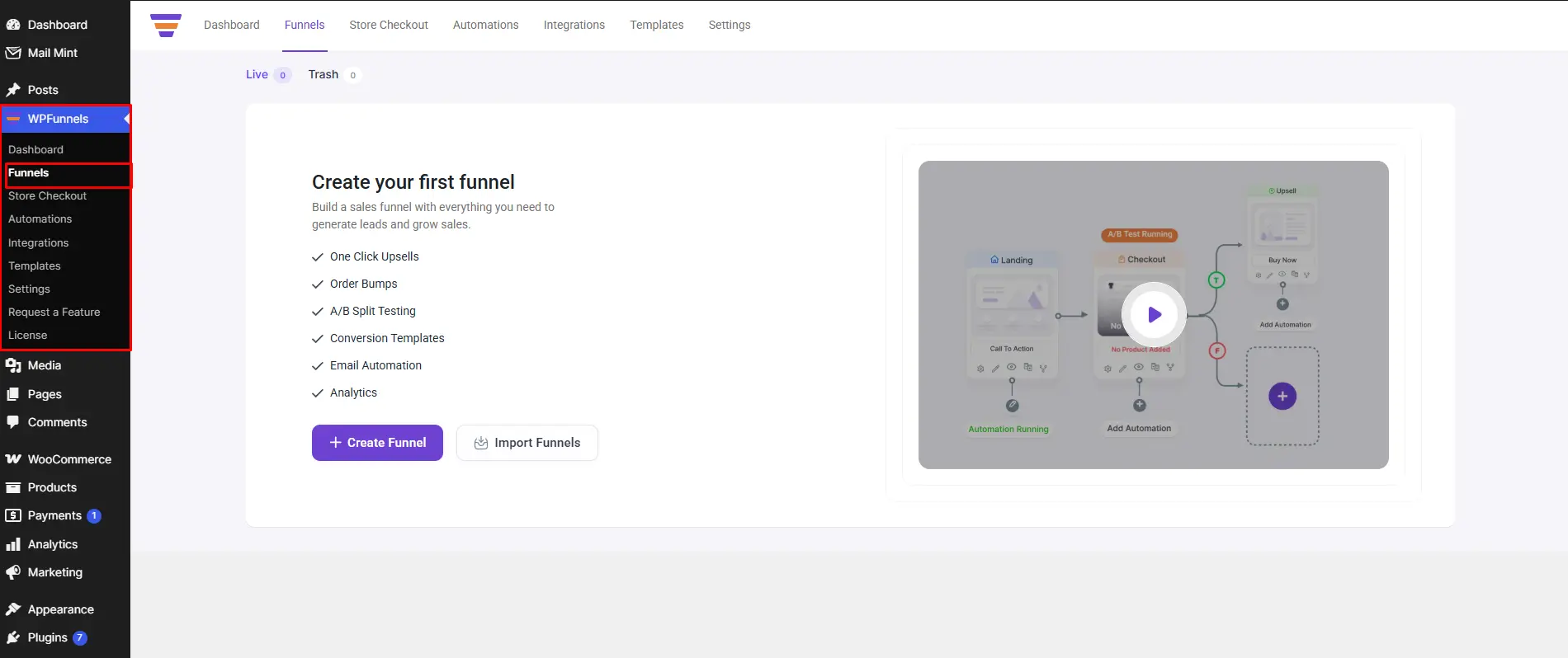 Create a new funnel in WPFunnels dashboard