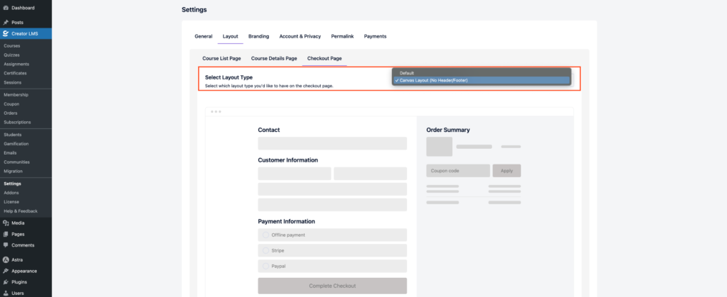 How to Customize Course Layouts in Creator LMS 8 Checkout Page Layout Type