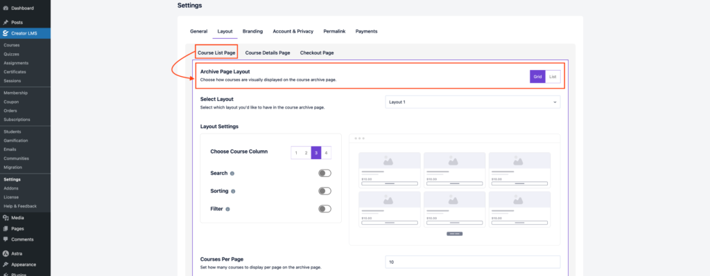 How to Customize Course Layouts in Creator LMS 2 Choose Archive Page Layout