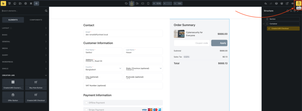 Design Your Course Steps with Bricks in Creator LMS 8 Drag and drop the Checkout Widget
