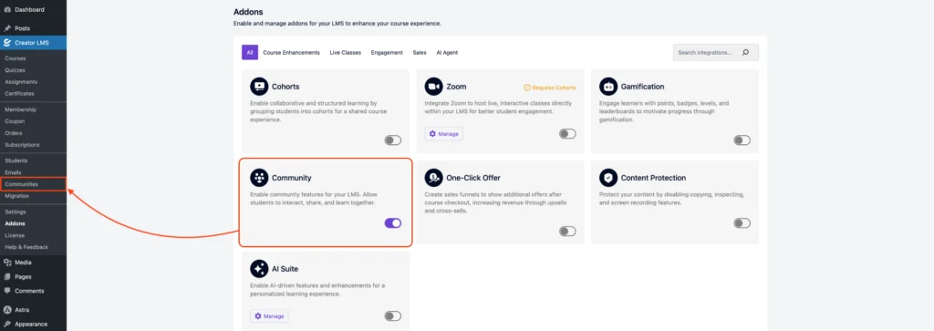 How to Enable Community Features in Creator LMS 4 Click on Community Button