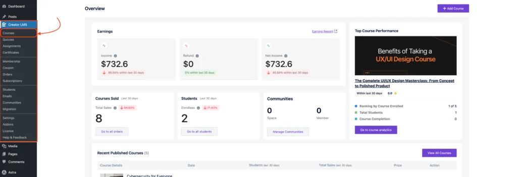 How to Create a Space for a Course in Creator LMS 1 Creator LMS Dashboard