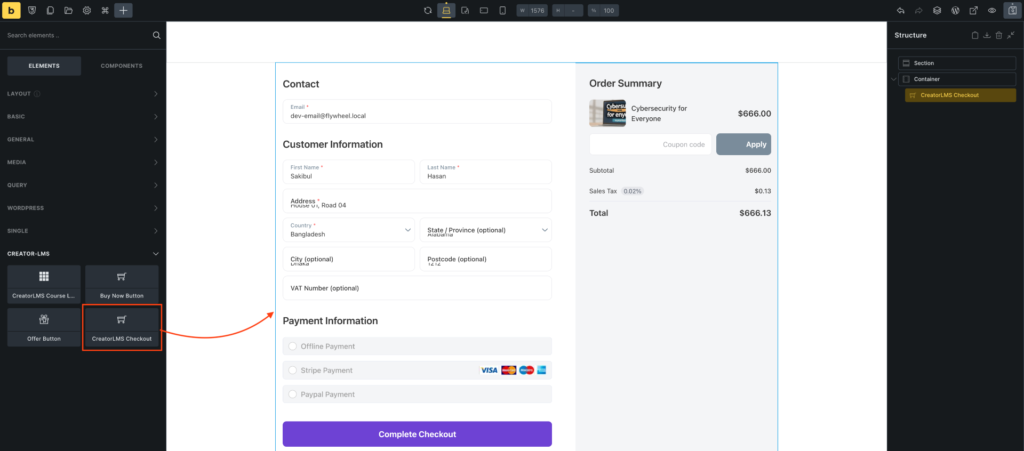Design Your Course Steps with Bricks in Creator LMS 6 Drag and drop the Checkout Widget