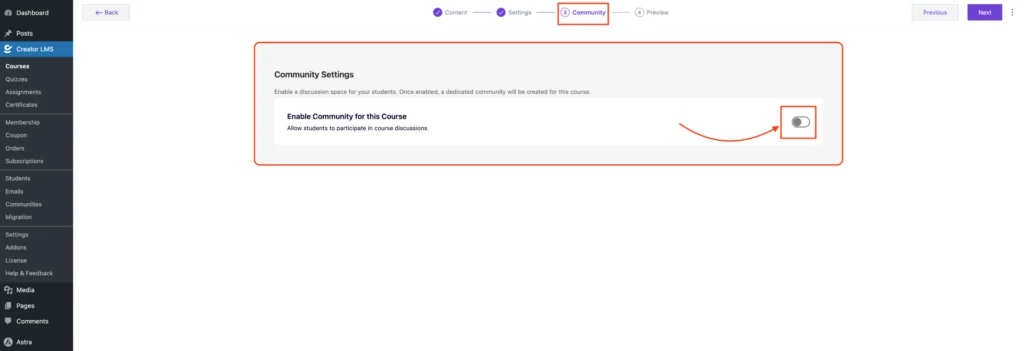 How to Create a Space for a Course in Creator LMS 4 Enable Community for this Course