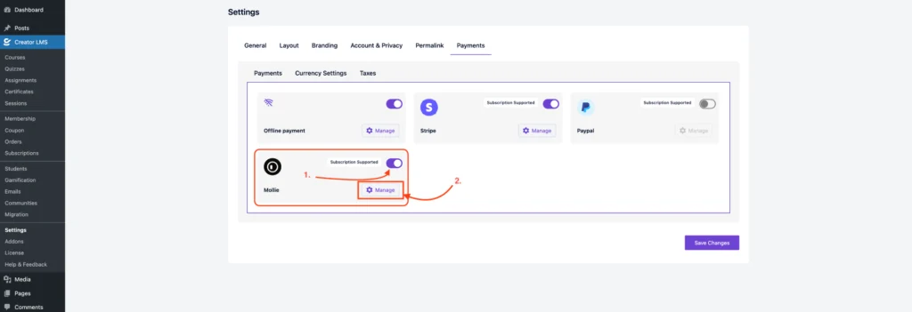 Mollie Payment Setup and Configuration for CreatorLMS 3 Enable Mollie and Click Manage