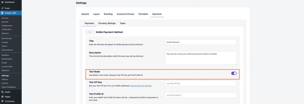Mollie Payment Setup and Configuration for CreatorLMS 6 Enable for Test Mode