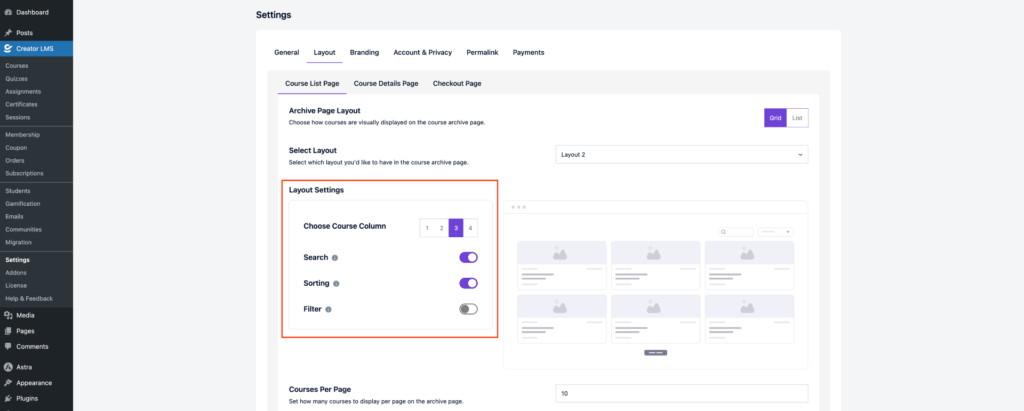 How to Customize Course Layouts in Creator LMS 4 Layout Settings-Course List Page