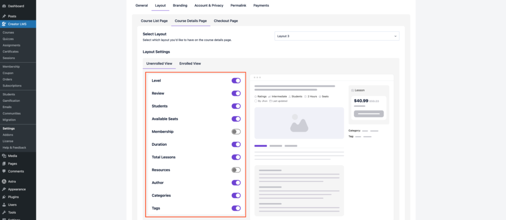 How to Customize Course Layouts in Creator LMS 6 Layout Settings-Unenrolled View