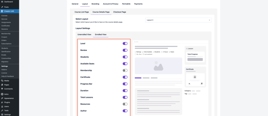 How to Customize Course Layouts in Creator LMS 7 LayoutS ettings-Enrolled View