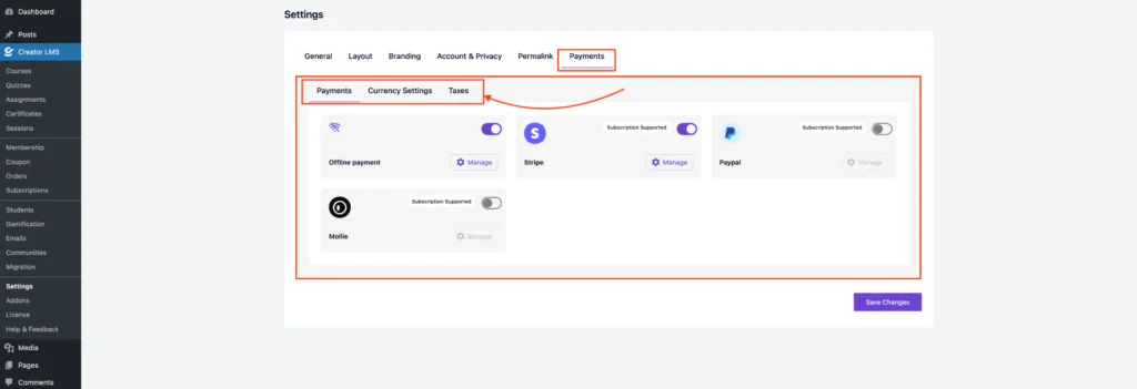 Mollie Payment Setup and Configuration for CreatorLMS 2 Payments Details Section