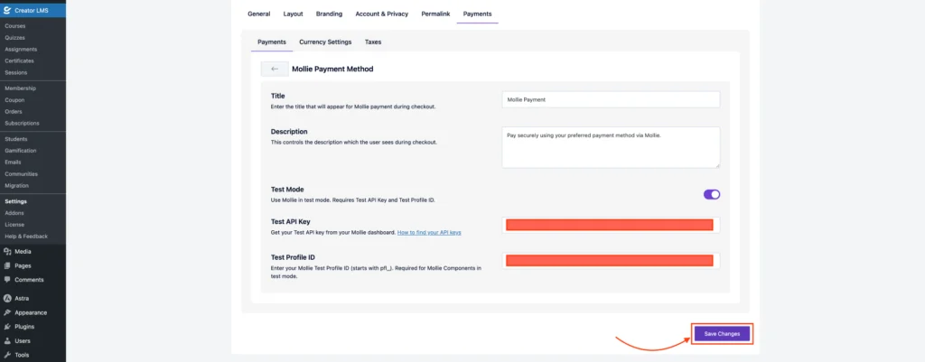 Mollie Payment Setup and Configuration for CreatorLMS 8 Save Changes