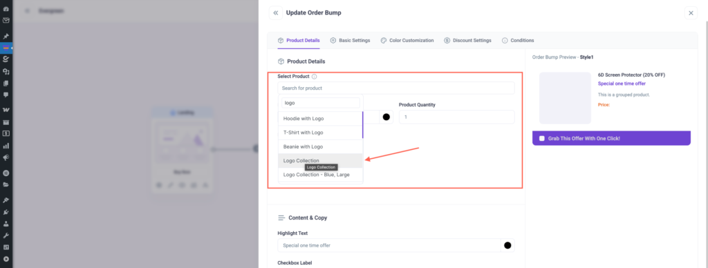 Assign order bump Variable product 
