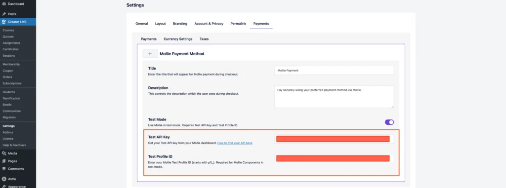 Mollie Payment Setup and Configuration for CreatorLMS 7 Set the Mollie API Key