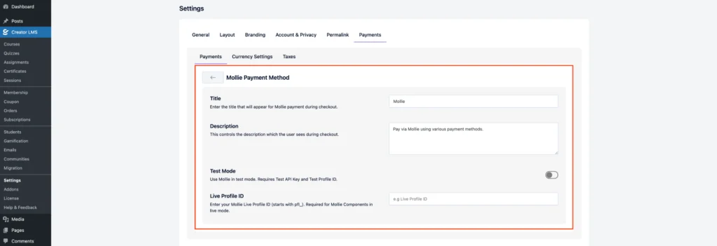 Mollie Payment Setup and Configuration for CreatorLMS 4 Set the Mollie Details