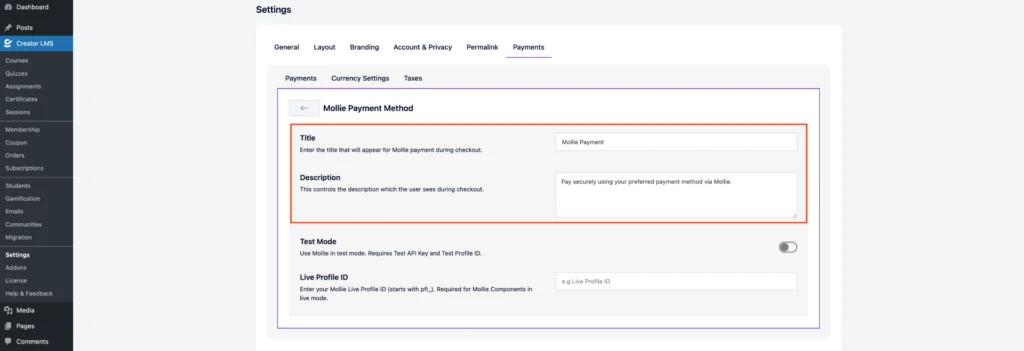 Mollie Payment Setup and Configuration for CreatorLMS 5 Set the Mollie Title and Description