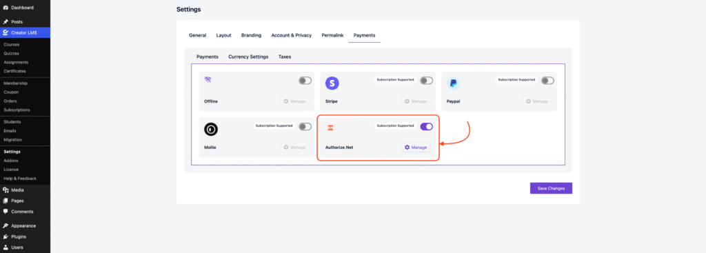 Authorize.Net Payment Setup and Configuration for CreatorLMS 2 Enable the Toggle of the Authorize.Net
