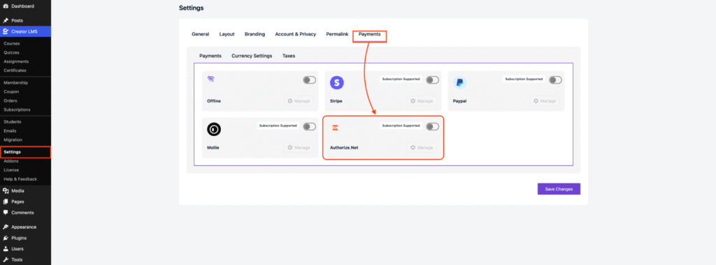 Authorize.Net Payment Setup and Configuration for CreatorLMS 1 Payments Dashboard