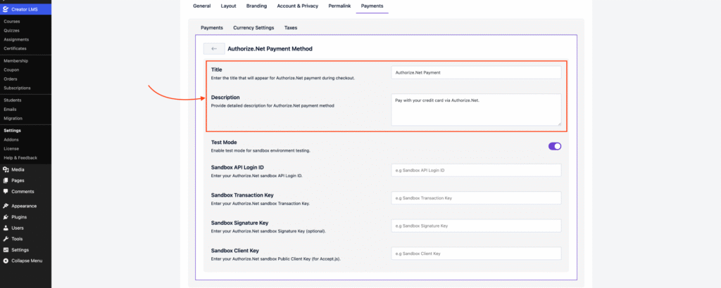 Authorize.Net Payment Setup and Configuration for CreatorLMS 4 Set the Title and Description