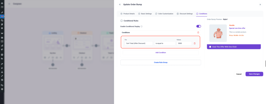 Set a condition for the Order Bump
