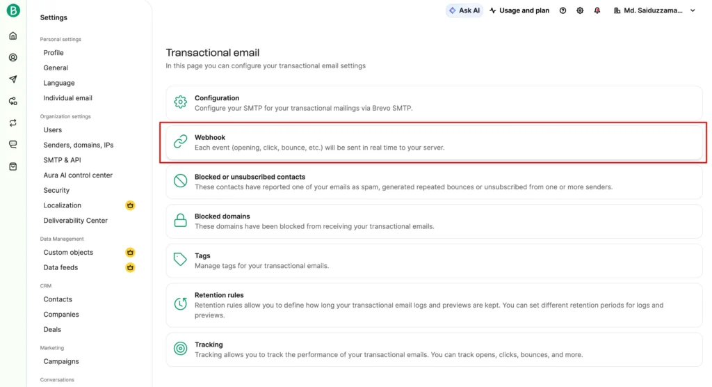 Brevo Webhook Select