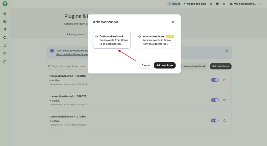 Brevo Outbound webhook