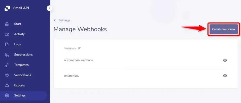 click create webhook elastic email